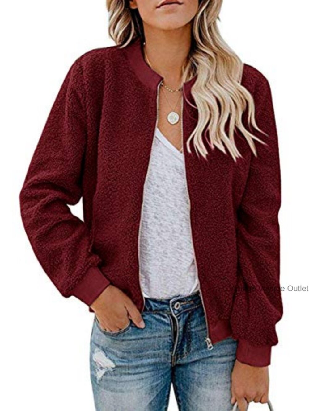 Sherpa Fleece Bomber Jacket Fuzzy Zip Up Loose Fit Winter Coat